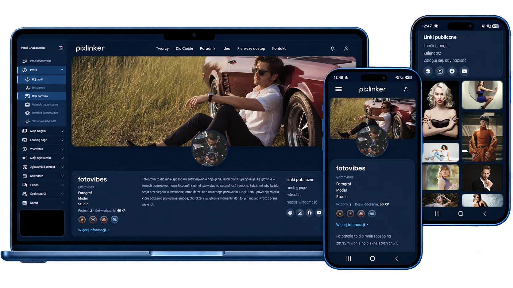 Pixlinker public photography profile and portfolio shown on desktop and mobile